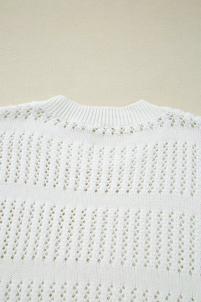 3/4 Sleeve Open Knit Mesh Detail Pullover Sweater