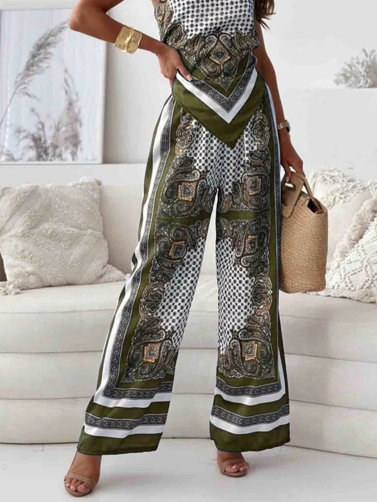 Printed Cami and Wide Leg Pants Set