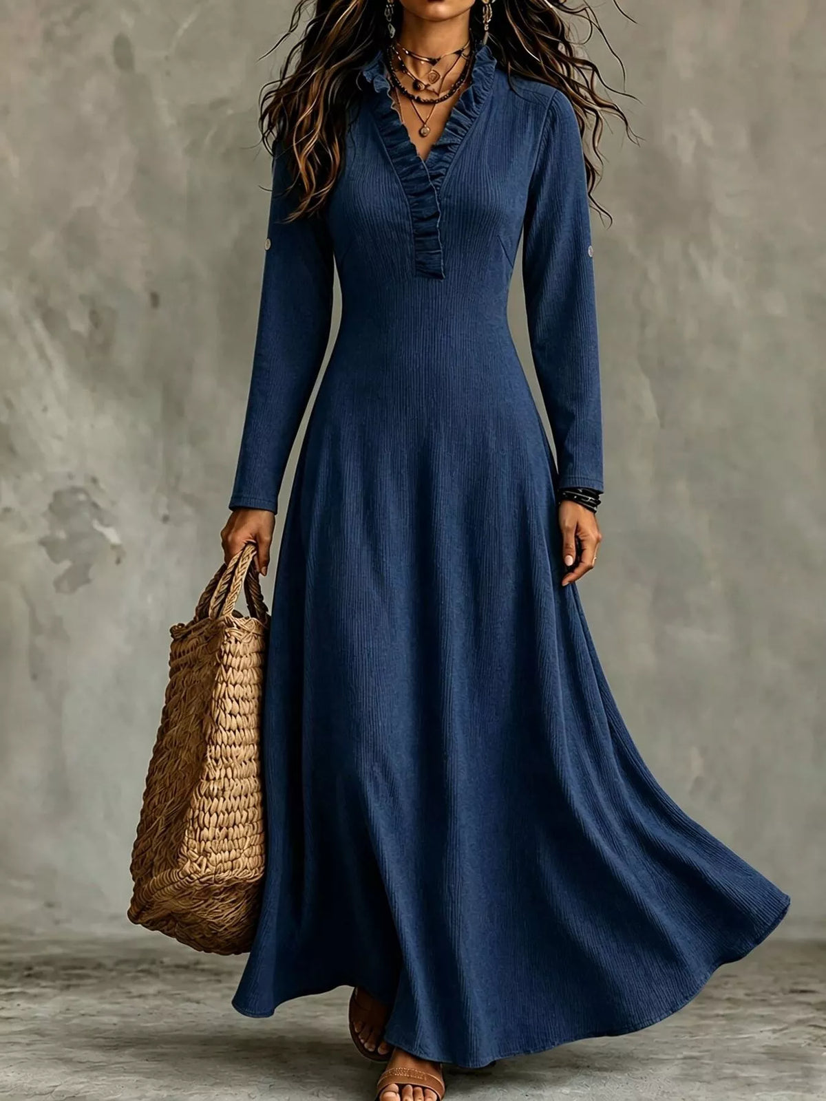 Plus Size V-Neck Maxi Dress with Roll-Up Sleeves
