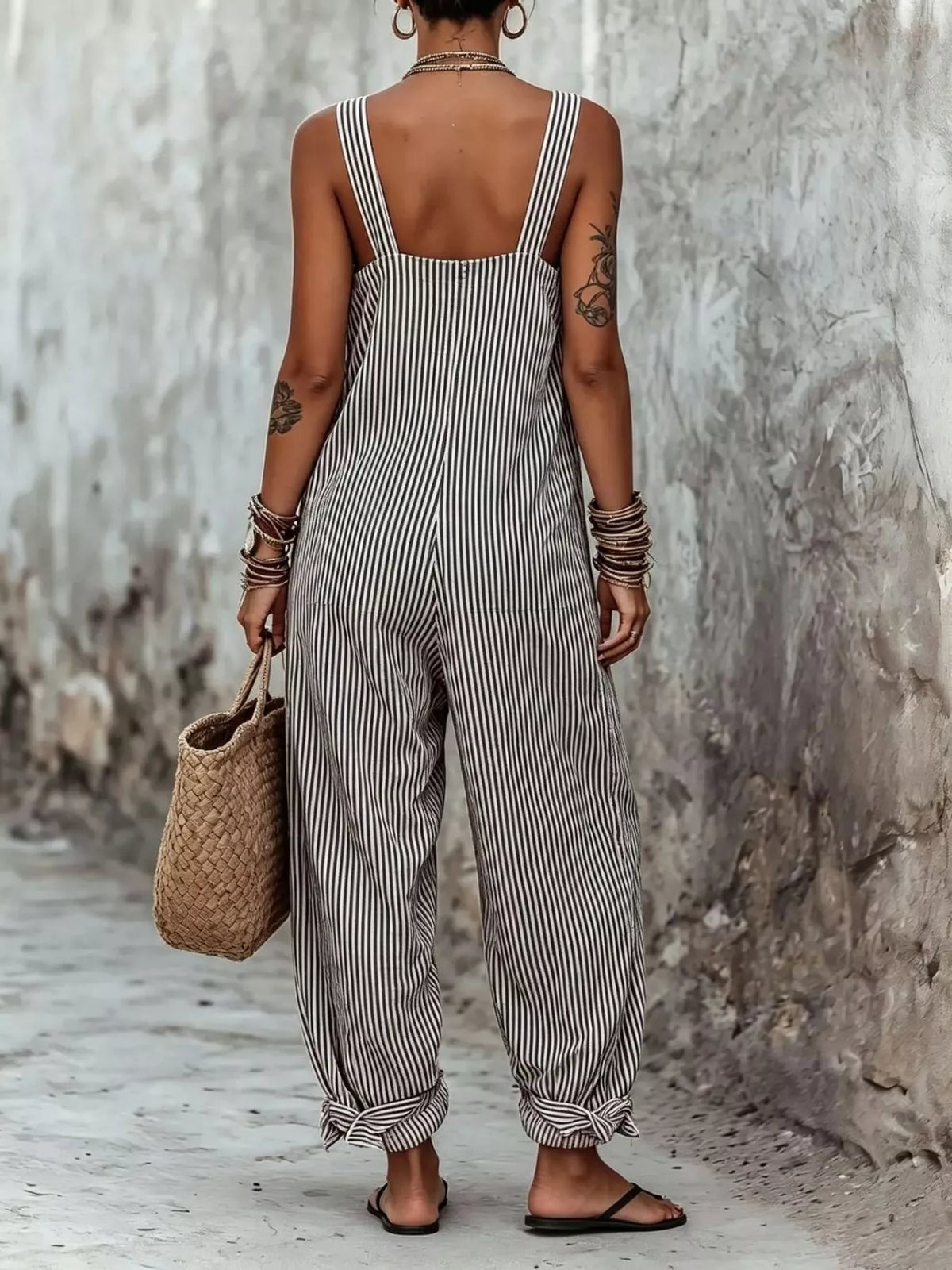 Full Size Striped Square Neck Wide Leg Jumpsuit Plus Size
