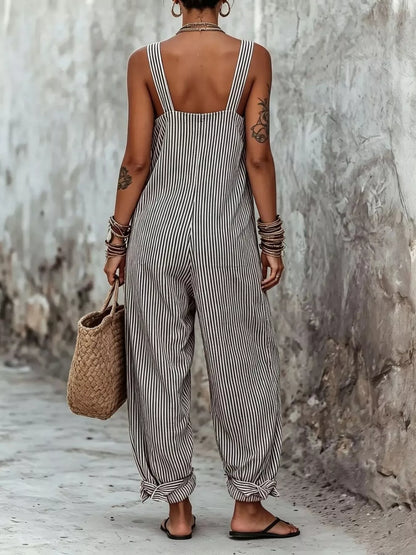 Full Size Striped Square Neck Wide Leg Jumpsuit Plus Size