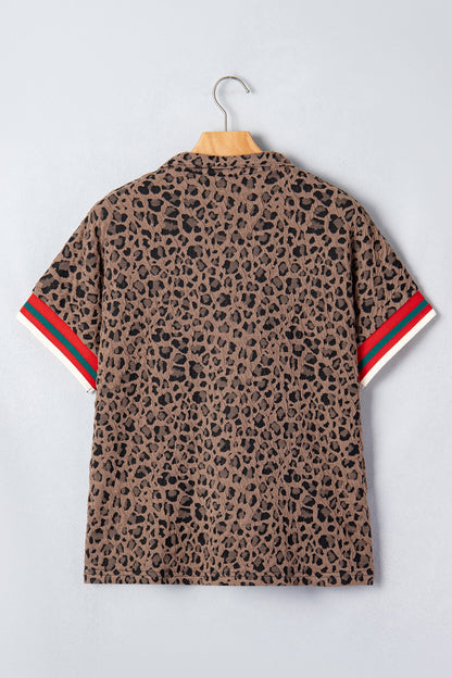 Brown Leopard Jacquard Striped Patchwork Half Zip Short Sleeve Blouse
