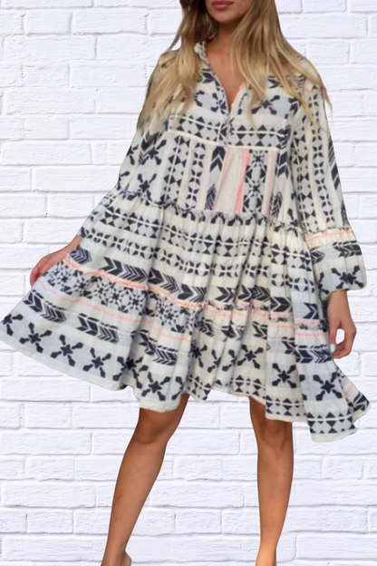 Printed Tierred Babydoll Dress Black