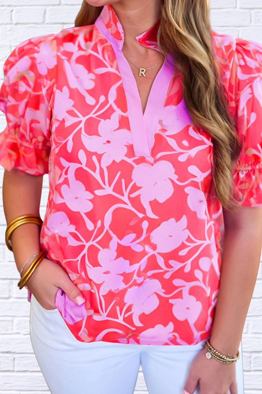 Floral Split V-Neck Ruffled Short Sleeve Blouse – Pink on Pink
