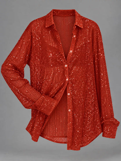 Full Size Sequin Button Up Long Sleeve Shirt Plus Size