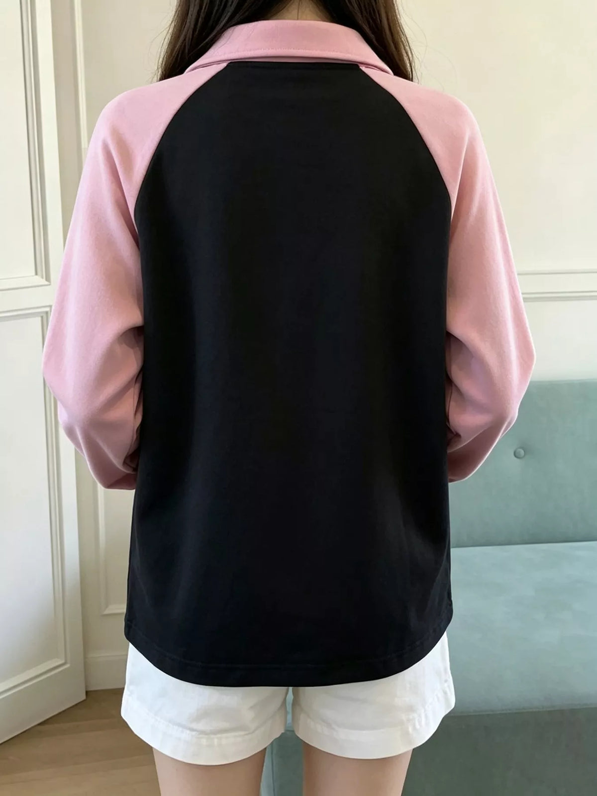 Heart Embroidery Lace-Up Detail Polo Collar Sweatshirt
