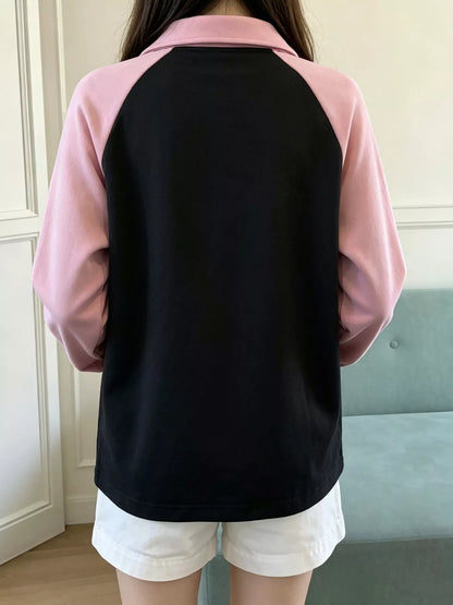 Heart Embroidery Lace-Up Detail Polo Collar Sweatshirt