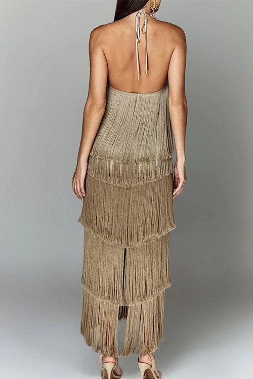 Chicest Halter Ruffle Layered Fringe Maxi Party Dress