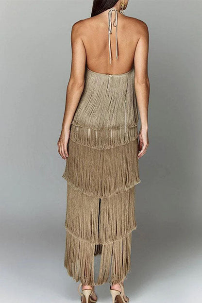 Chicest Halter Ruffle Layered Fringe Maxi Party Dress