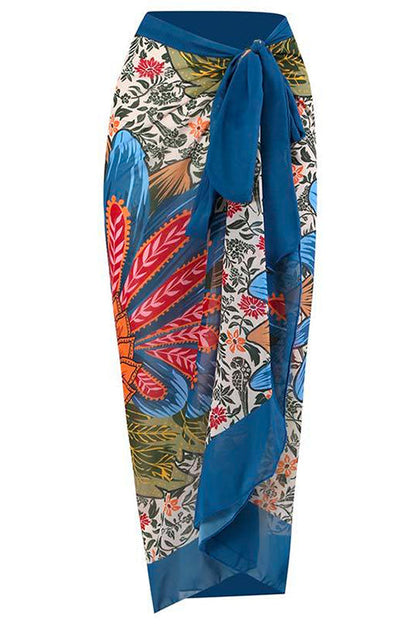 V Neck Bow Shoulder One-piece Swimwear and Wrap Cover Up Skirt Printed Set Cover up OneSize
