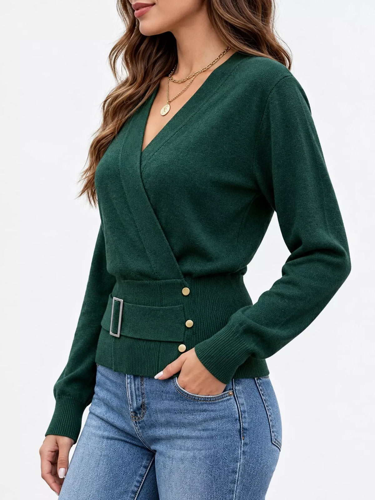 Surplice Elastic Waist Long Sleeve Knit Top