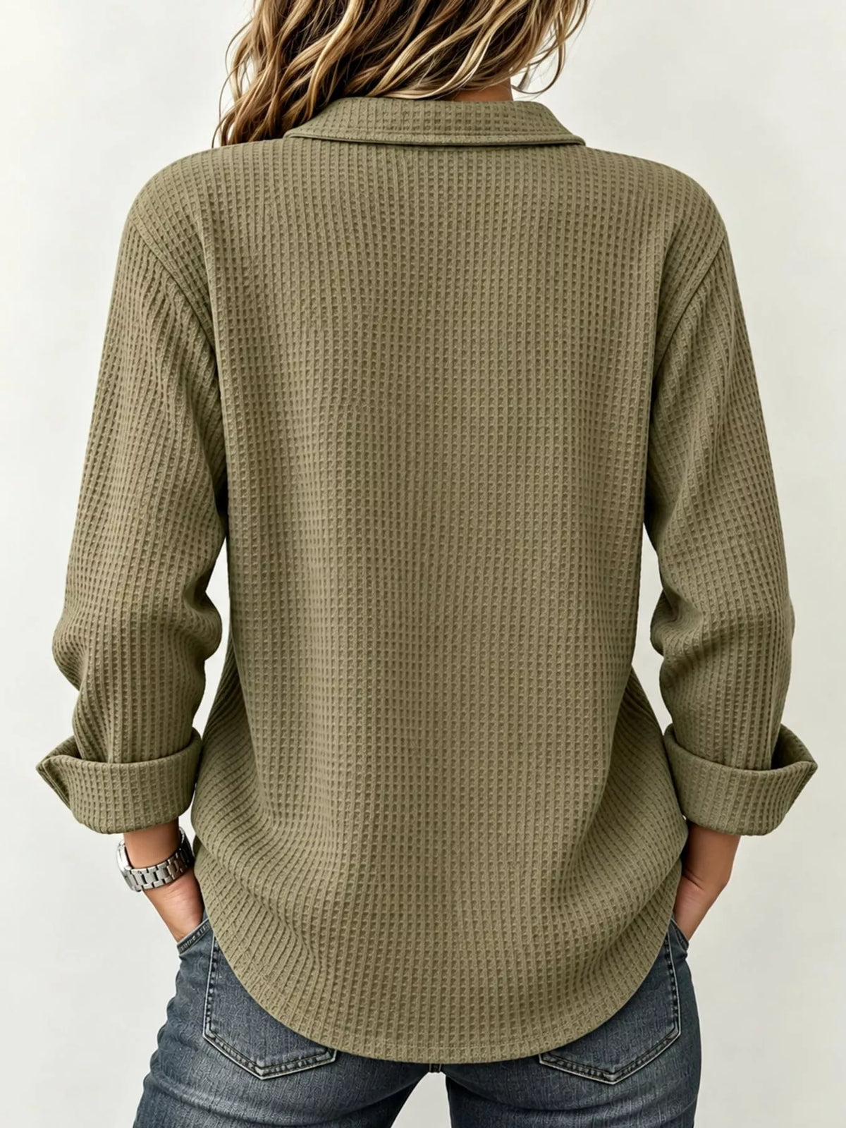 Full Size Waffle Knit Long Sleeve Polo Top Plus Size