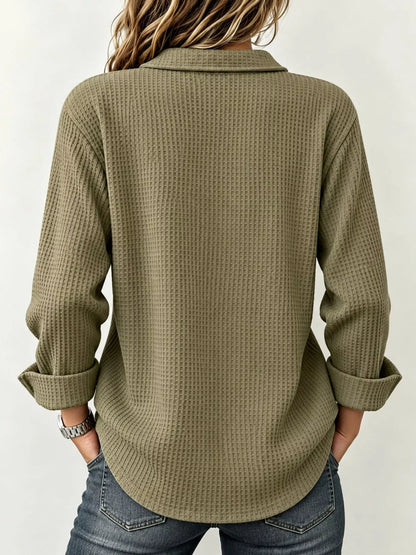 Full Size Waffle Knit Long Sleeve Polo Top Plus Size