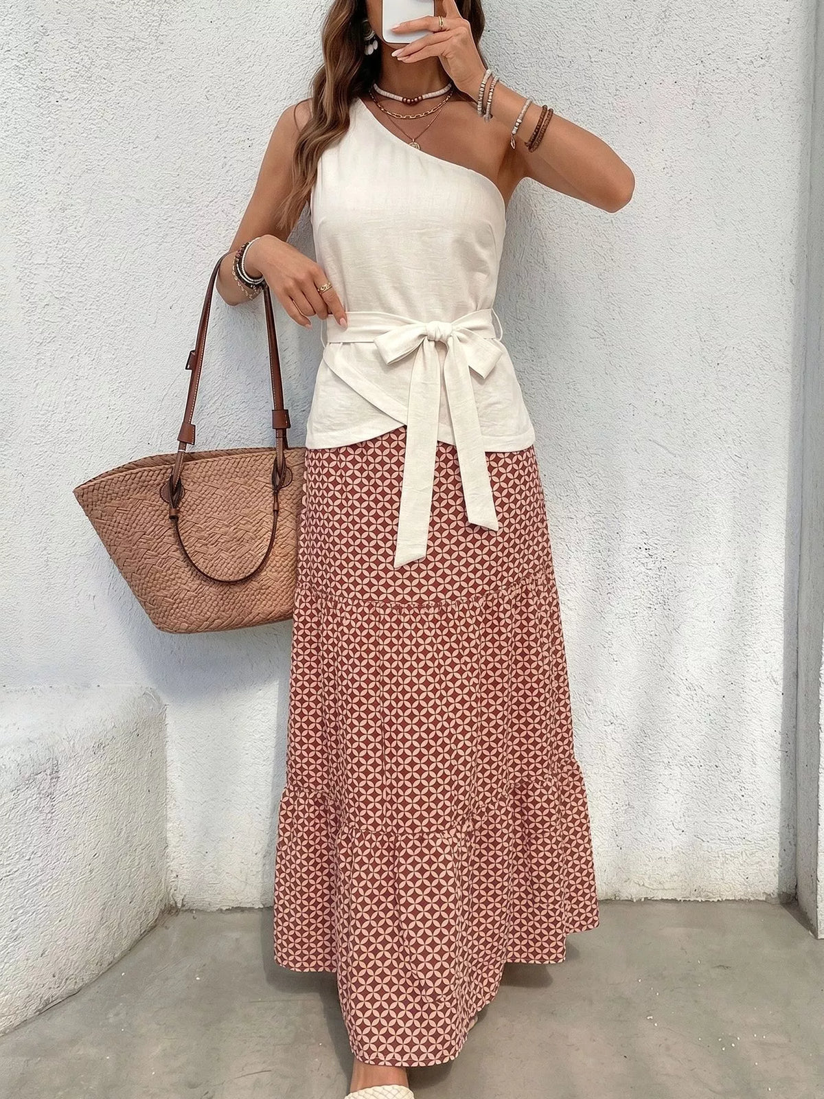 One-Shoulder Top and Geometric Print Maxi Skirt Set