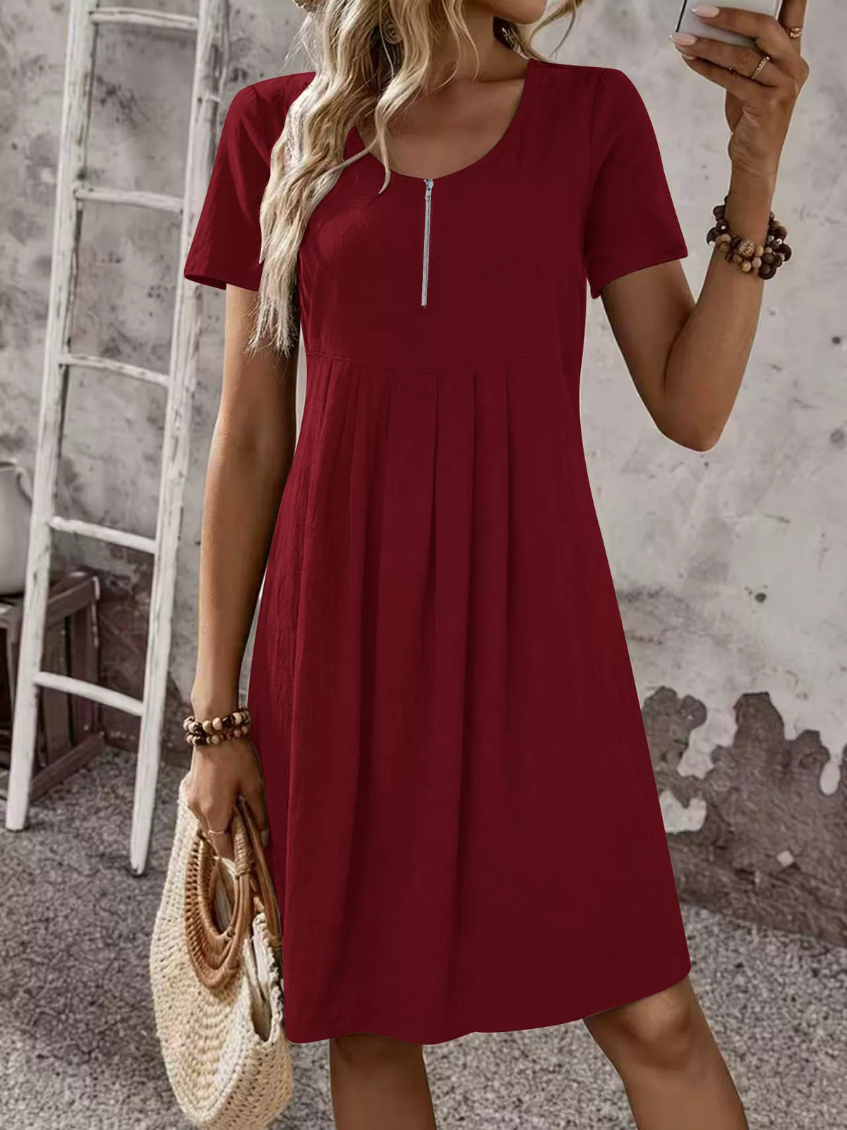 Zipper-Front Short Sleeve A-Line Dress
