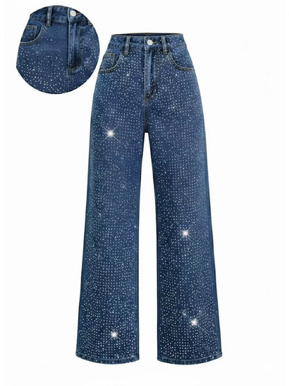 High-Waisted Rhinestone Wide-Leg Jeans