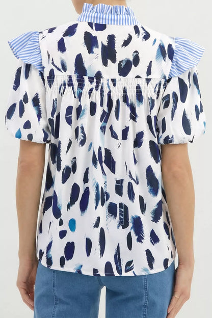 Abstract Animal Print Striped Ruffle Trim V Neck Blouse