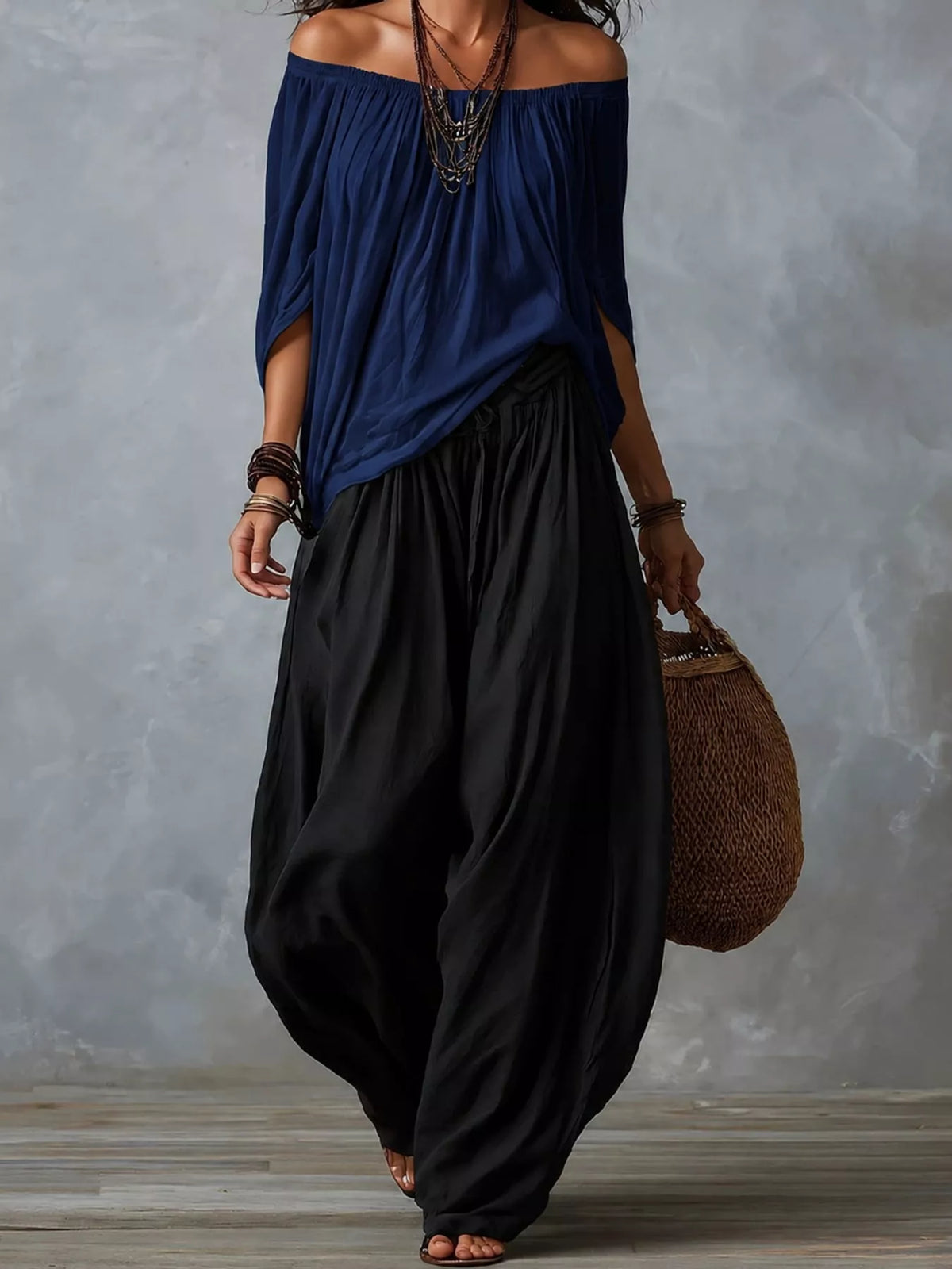 Full Size Off-Shoulder Top and Wide-Leg Harem Pants Set Plus Size