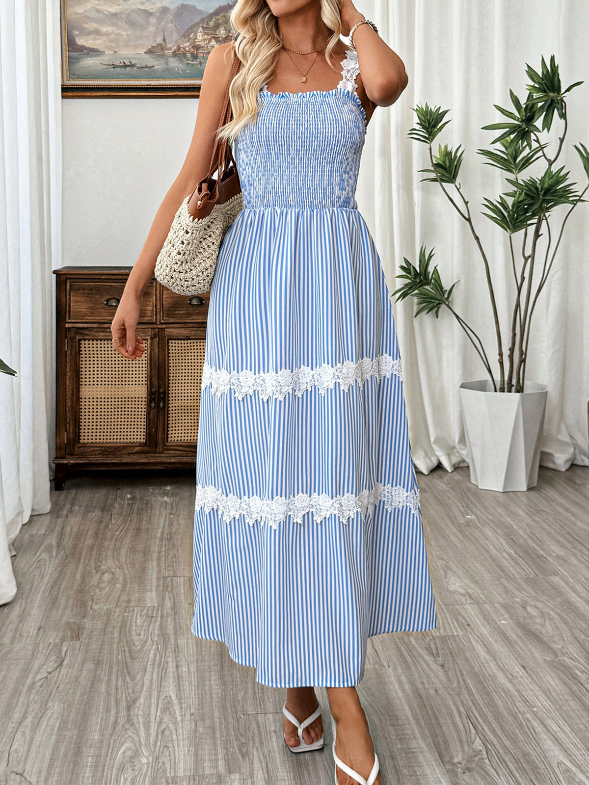 Striped Smocked Lace Trim Midi Dress