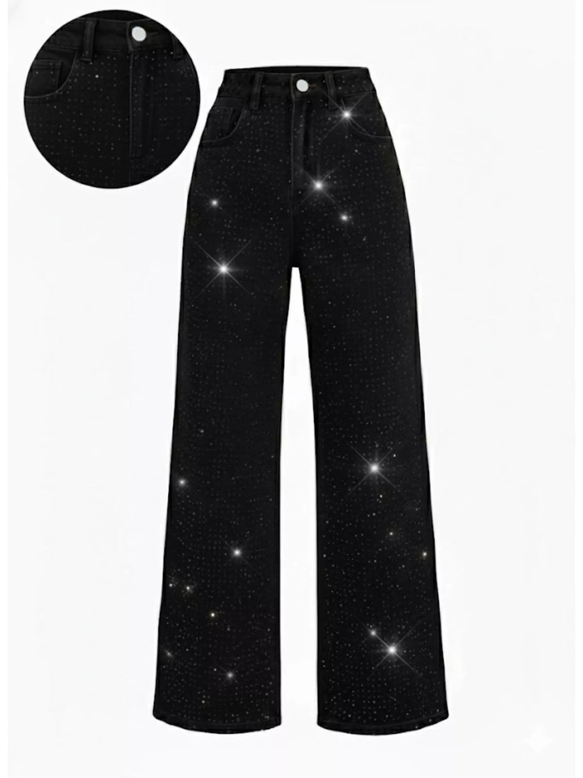 High-Waisted Rhinestone Wide-Leg Jeans