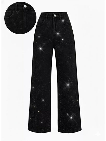 High-Waisted Rhinestone Wide-Leg Jeans