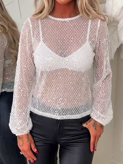 Sheer Sequin Embellished Mesh Beach Cover Up Top