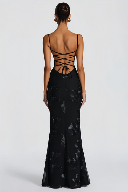 Théoline Black Floral Appliqué Corset Maxi Dress