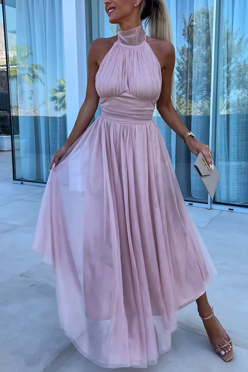 Halter Backless Waisted Tulle Maxi Dress Pink
