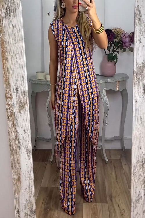 Printed High Slit Long Tank Top and Bell Bottoms Pants Set DarkBlue