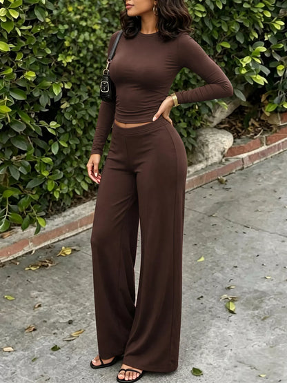 Long Sleeve Slim Fit Crop Top and Wide Leg Pant Set