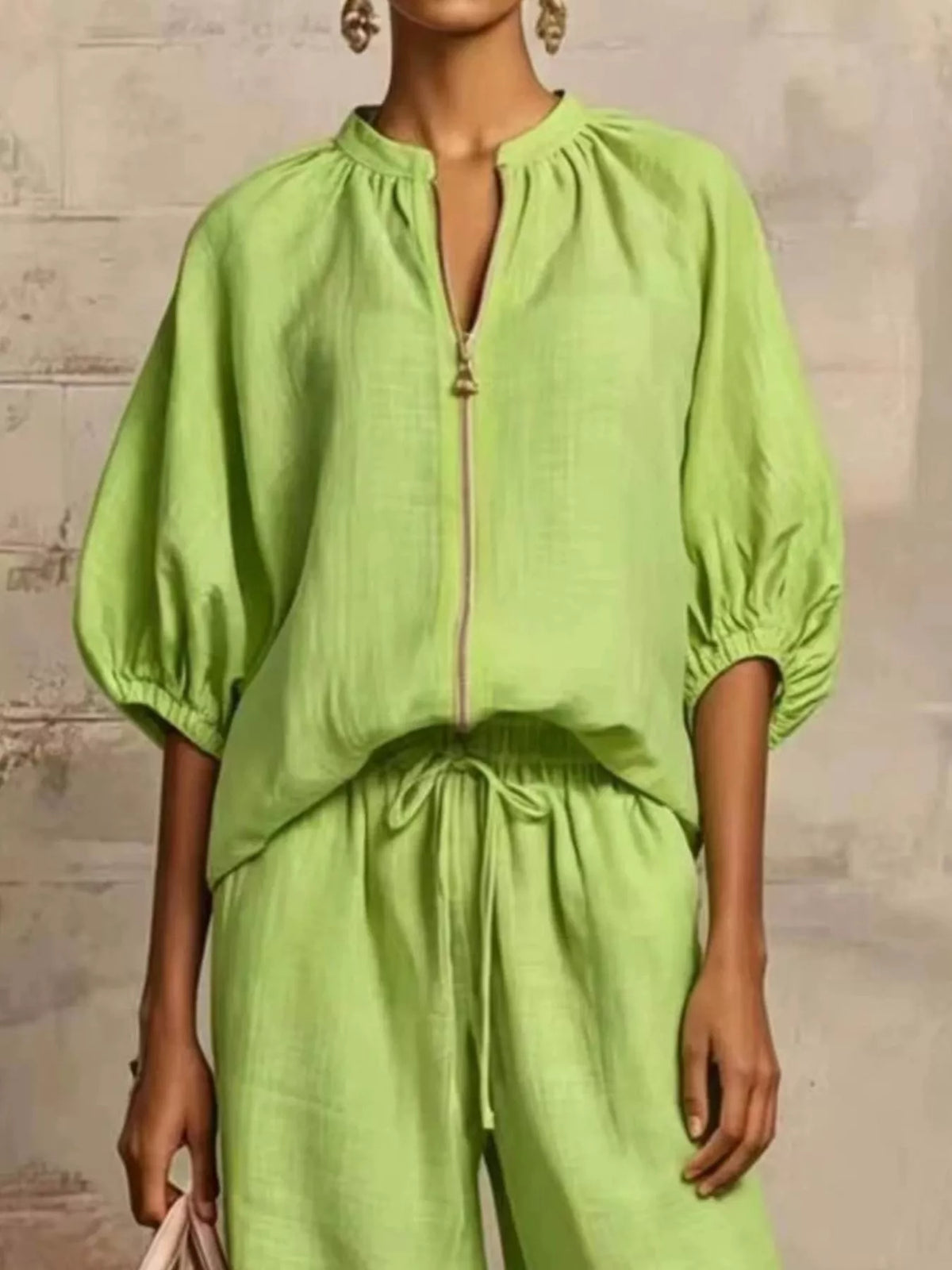 Full Size Zip-Front Top and Wide-Leg Pants Set Plus Size