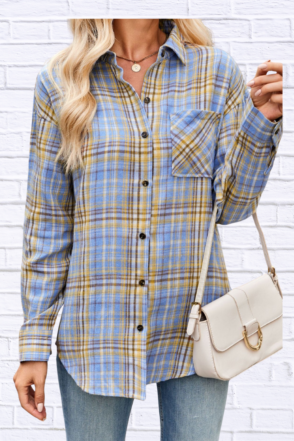 Plaid Button Up Long Sleeve Shirt Light Blue XL