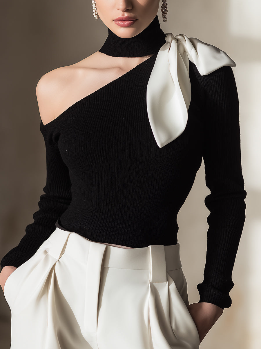 One-Shoulder Knit Top With Contrast Bow Detail Black