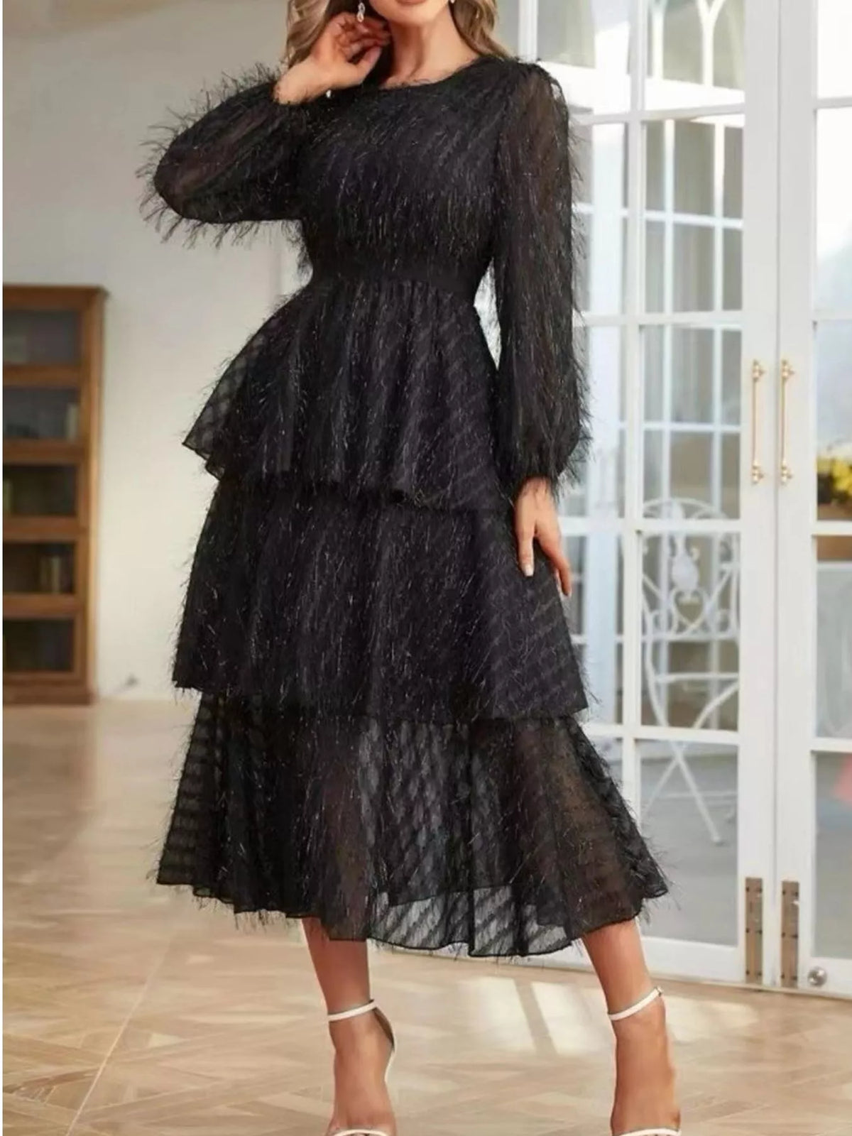 Full Size Layered Balloon Sleeve Midi Dress Plus Size