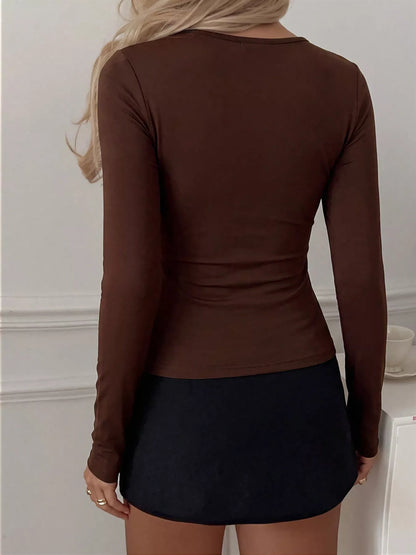 Slim-Fit Long Sleeve Scoop Neck Ruched T-Shirt
