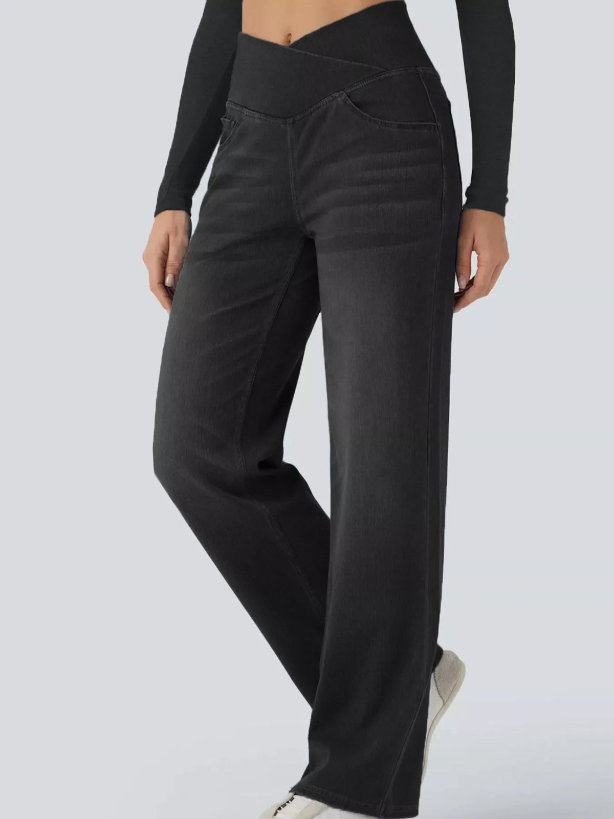 High Waisted Stretch Jeans with Crossover Waist | Straight Leg