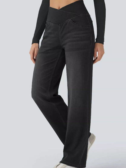 High Waisted Stretch Jeans with Crossover Waist | Straight Leg