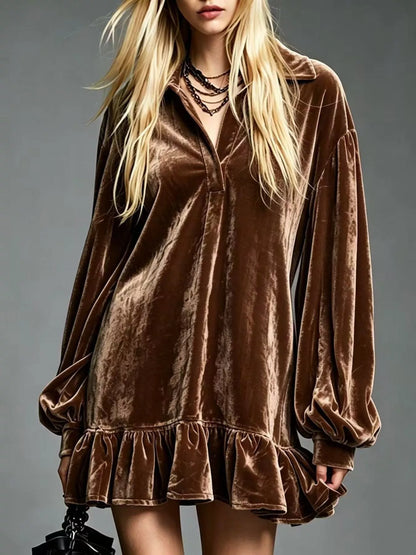Full Size Velvet Long-Sleeve Ruffle Hem Mini Dress Plus Size