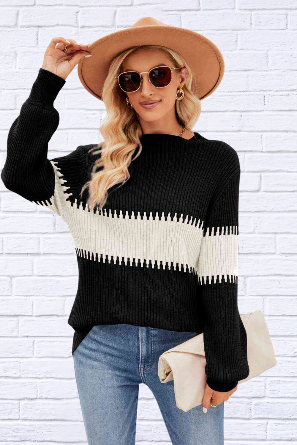 Contrast pink and Teal Round Neck Sweater Black