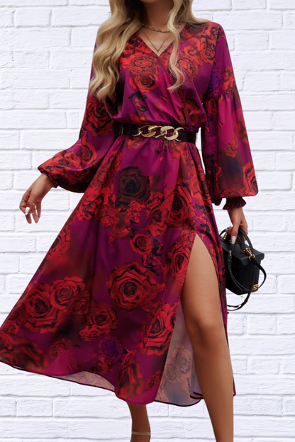 Split Printed Surplice Long Sleeve Midi Dress Scarlet