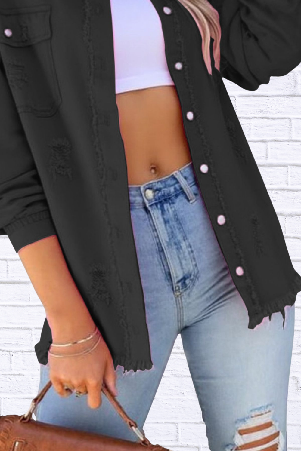 Distressed Denim Jacket with Frayed Edges Black