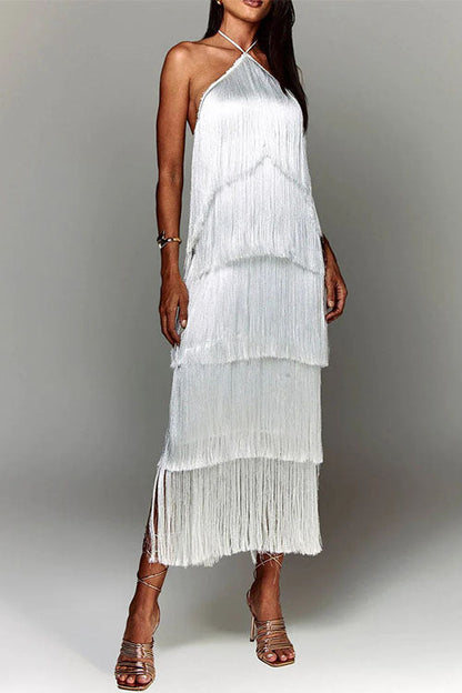 Chicest Halter Ruffle Layered Fringe Maxi Party Dress White
