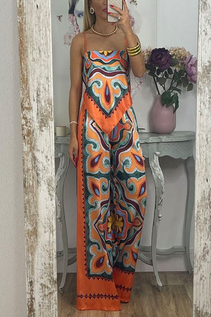 Tie Back Irregular Cami Top Wide leg Pants Printed Set Orange