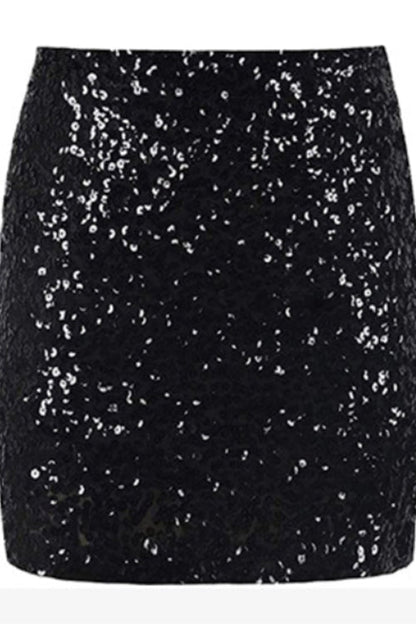 Elastic Waist Sparkly Sequin Mini Skirt Black