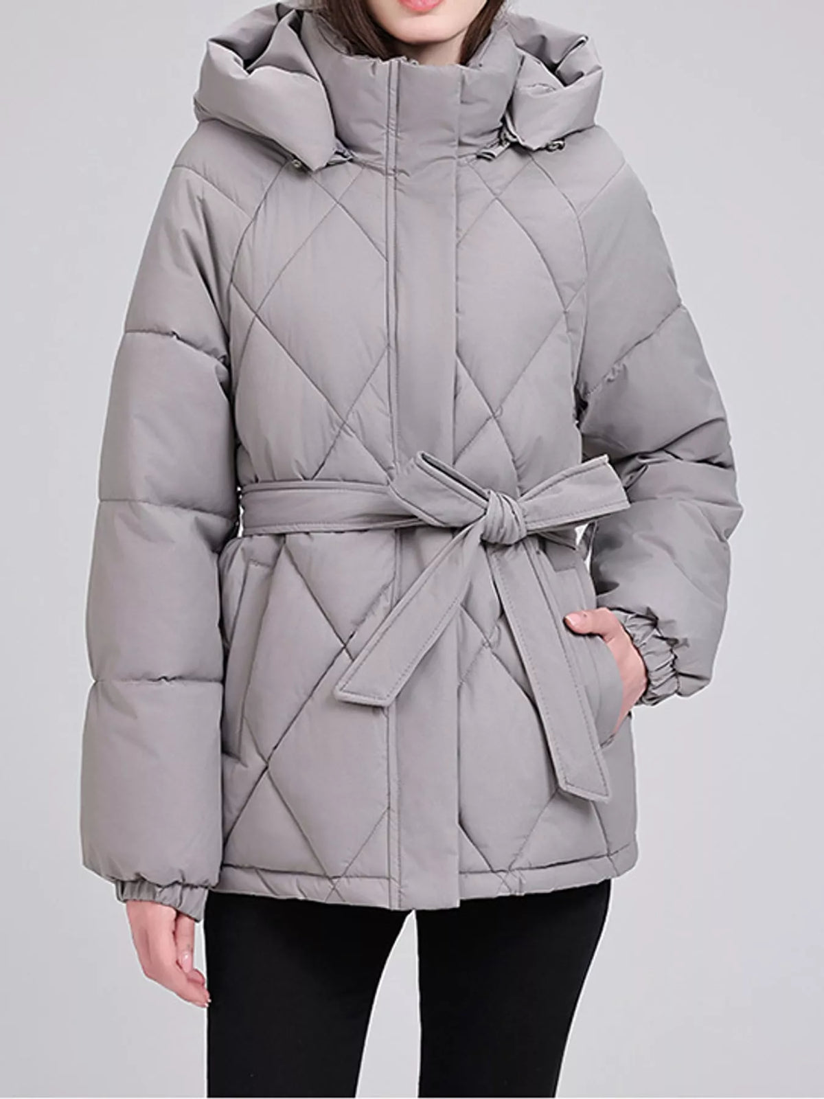 Quilted Waist Belt Hooded Puffer Outerwear