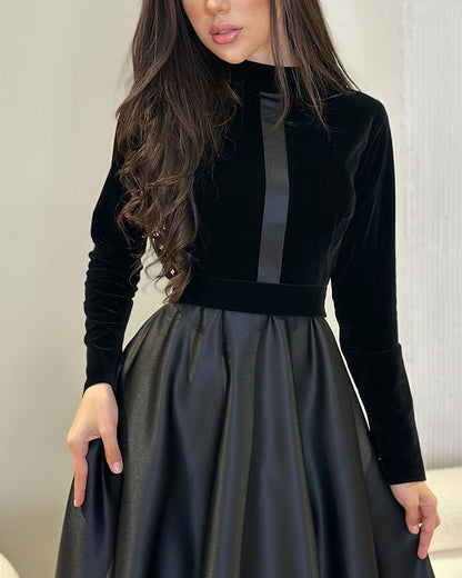 Gold velvet waisted round neck long sleeve dress