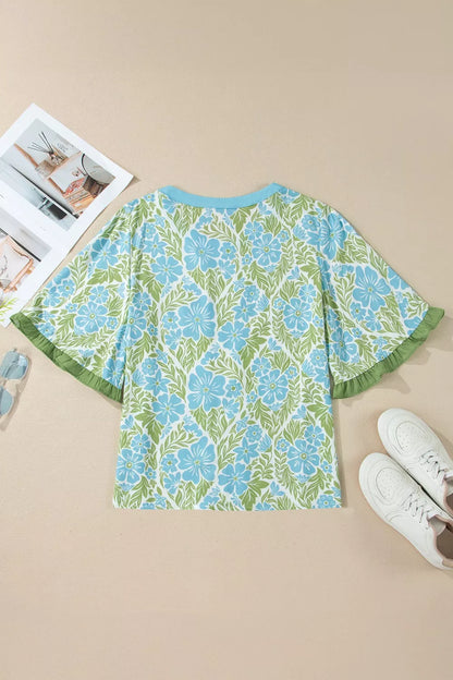 Floral Print Ruffled Color Block Trim Half Sleeve Blouse