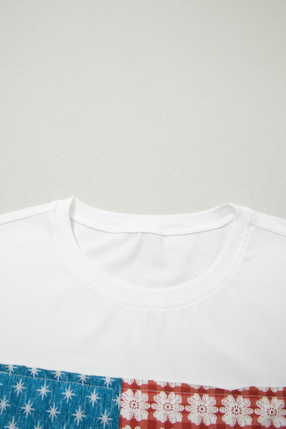 White Fancy Embroidered Patch Flag Casual T Shirt