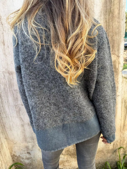 Contrast Denim Collar Half-Zip Knit Sweater