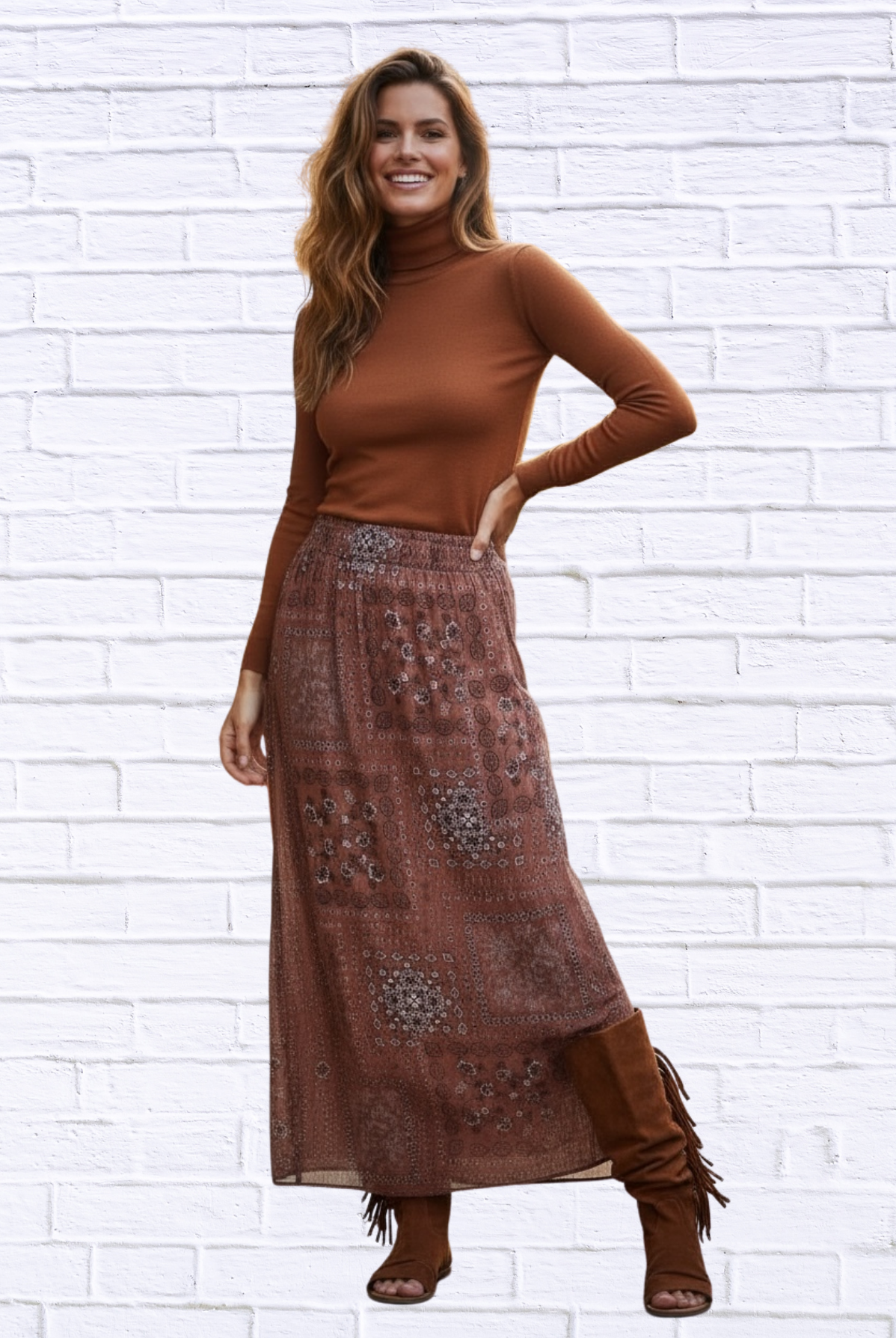 🤎 Boho Patchwork Printed Maxi Skirt Cinnamon XL